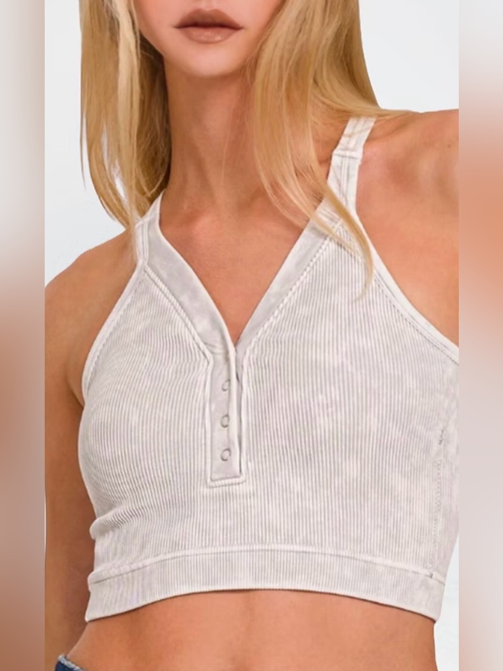 NWOT Zenana Iris Ribbed Washed Snap-Front Cropped V-Neck Tank Top S/M bone